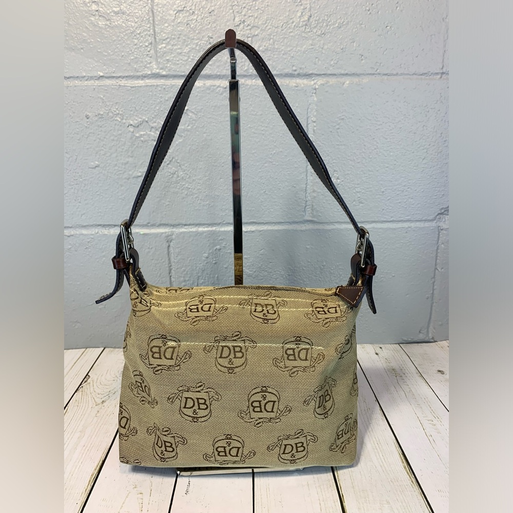 Dooney & Bourke Beige Monogram Shoulder Bag with Dark Brown Strap